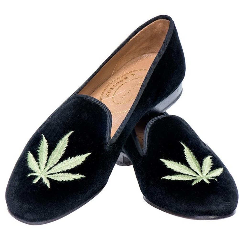 Stubbs Wootton | Black velvet cannabis loafers, size 36